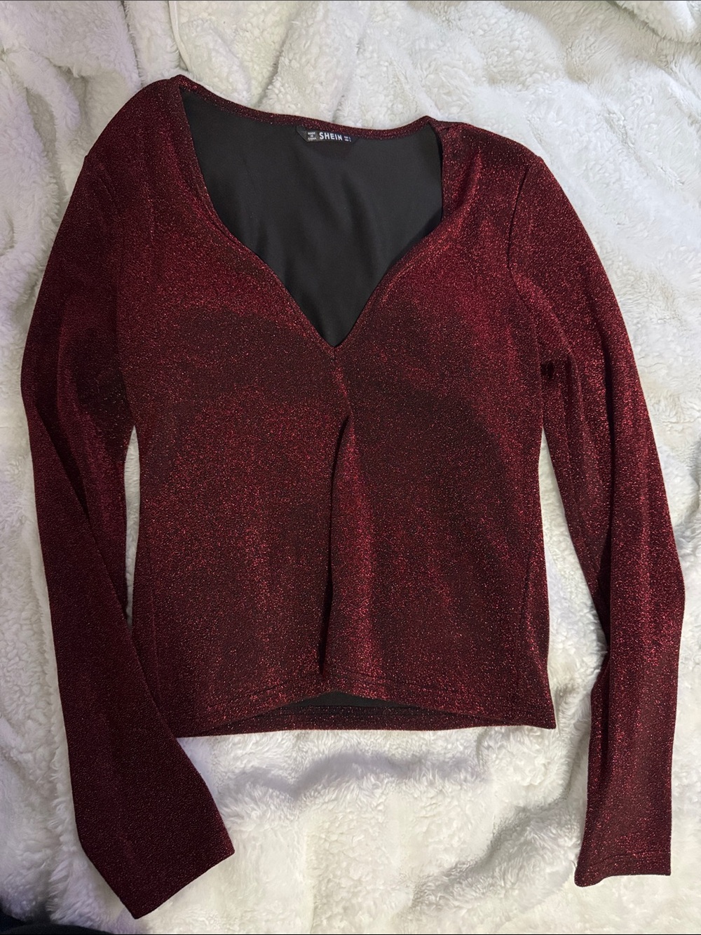SHEIN Shimmery Burgundy V-Neck Long Sleeve Top